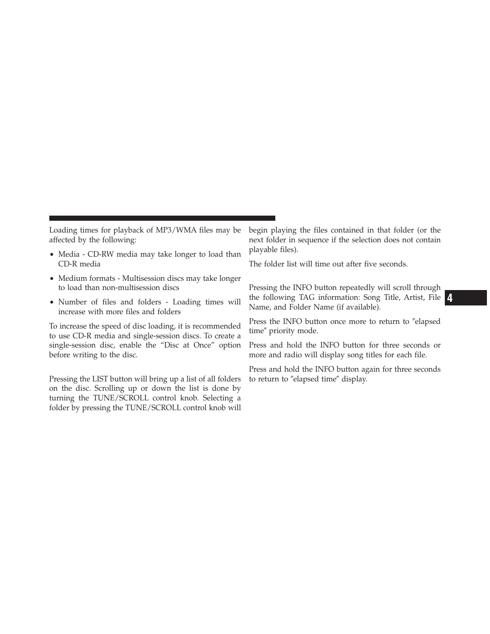 List button (disc mode for mp3/wma play), Info button (disc mode for mp3/wma play), List button | Disc mode for mp3/wma play), Info button | Jeep 2011 Patriot - Owner Manual User Manual | Page 235 / 490