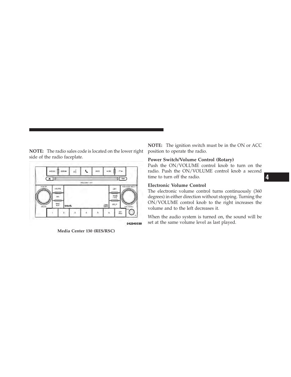 Operating instructions — radio mode, Media center 130 with satellite radio, Sales code res+rsc) | Jeep 2011 Patriot - Owner Manual User Manual | Page 251 / 490