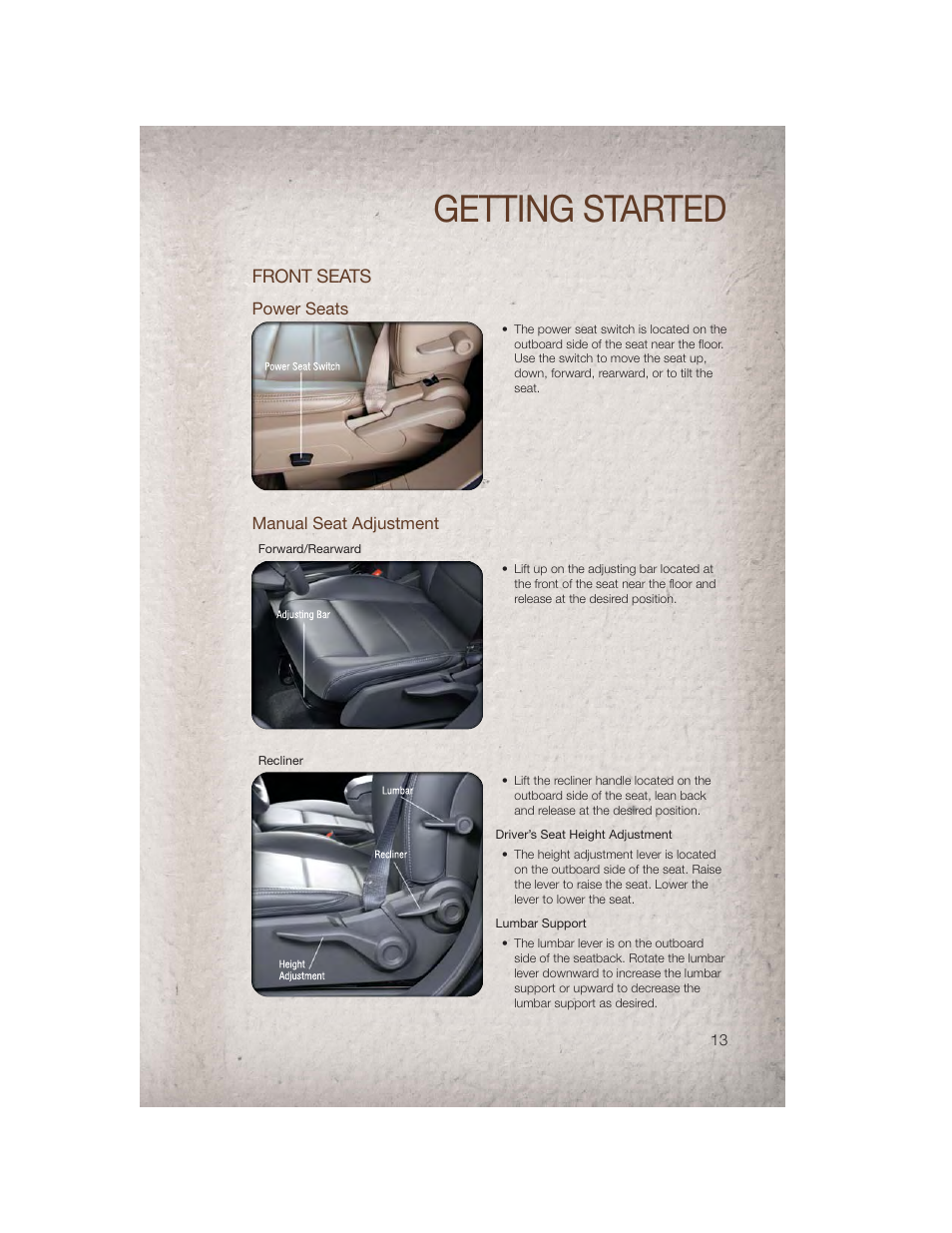 Front seats, Power seats, Manual seat adjustment | Getting started | Jeep 2011 Patriot - User Guide User Manual | Page 15 / 80