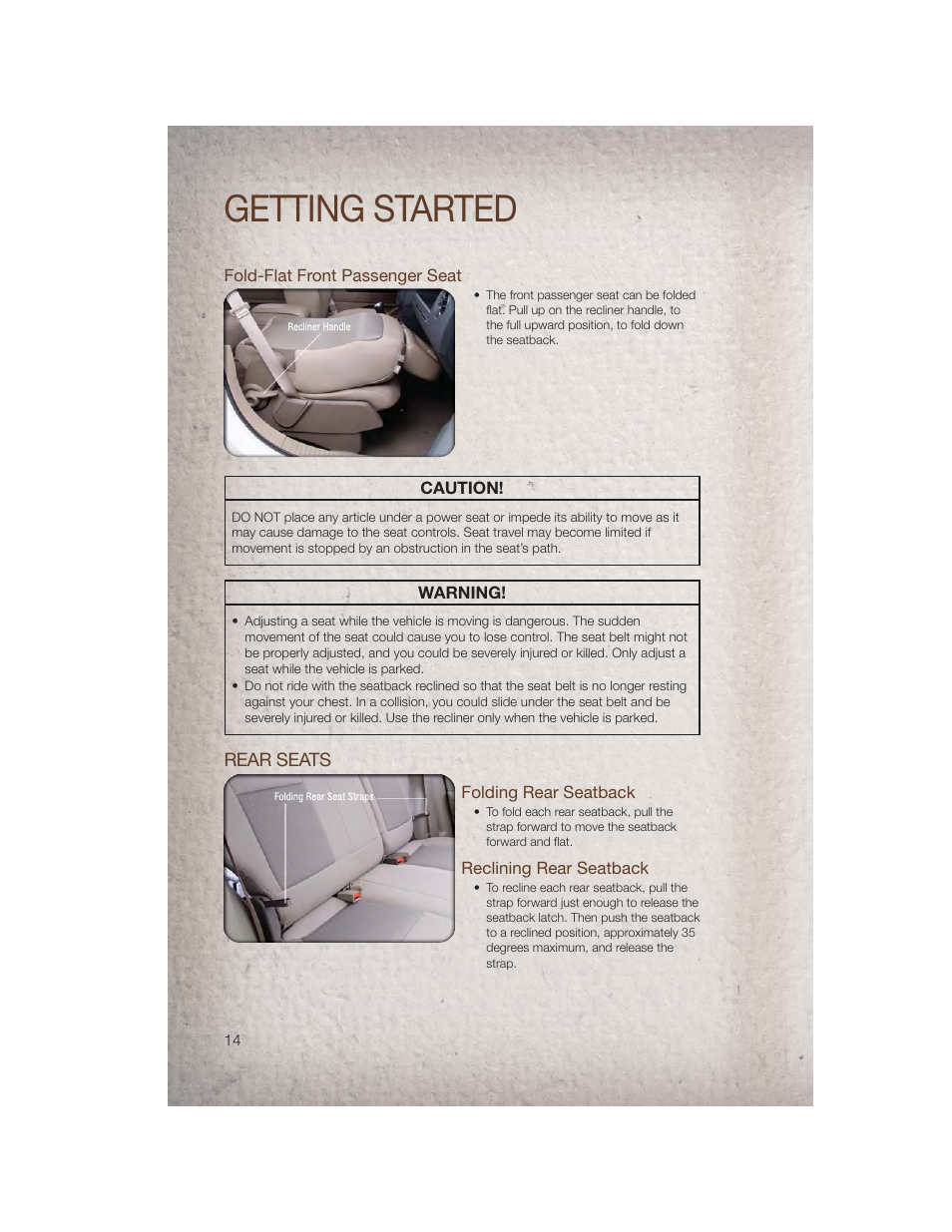 Fold-flat front passenger seat, Rear seats, Folding rear seatback | Reclining rear seatback, Getting started | Jeep 2011 Patriot - User Guide User Manual | Page 16 / 80