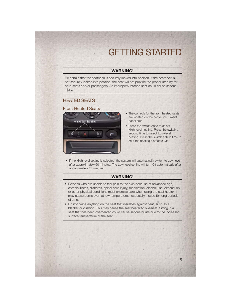 Heated seats, Front heated seats, Getting started | Jeep 2011 Patriot - User Guide User Manual | Page 17 / 80