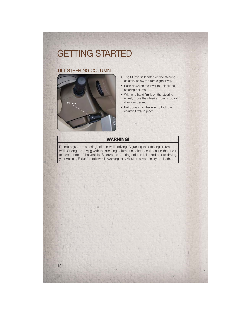 Tilt steering column, Getting started | Jeep 2011 Patriot - User Guide User Manual | Page 18 / 80