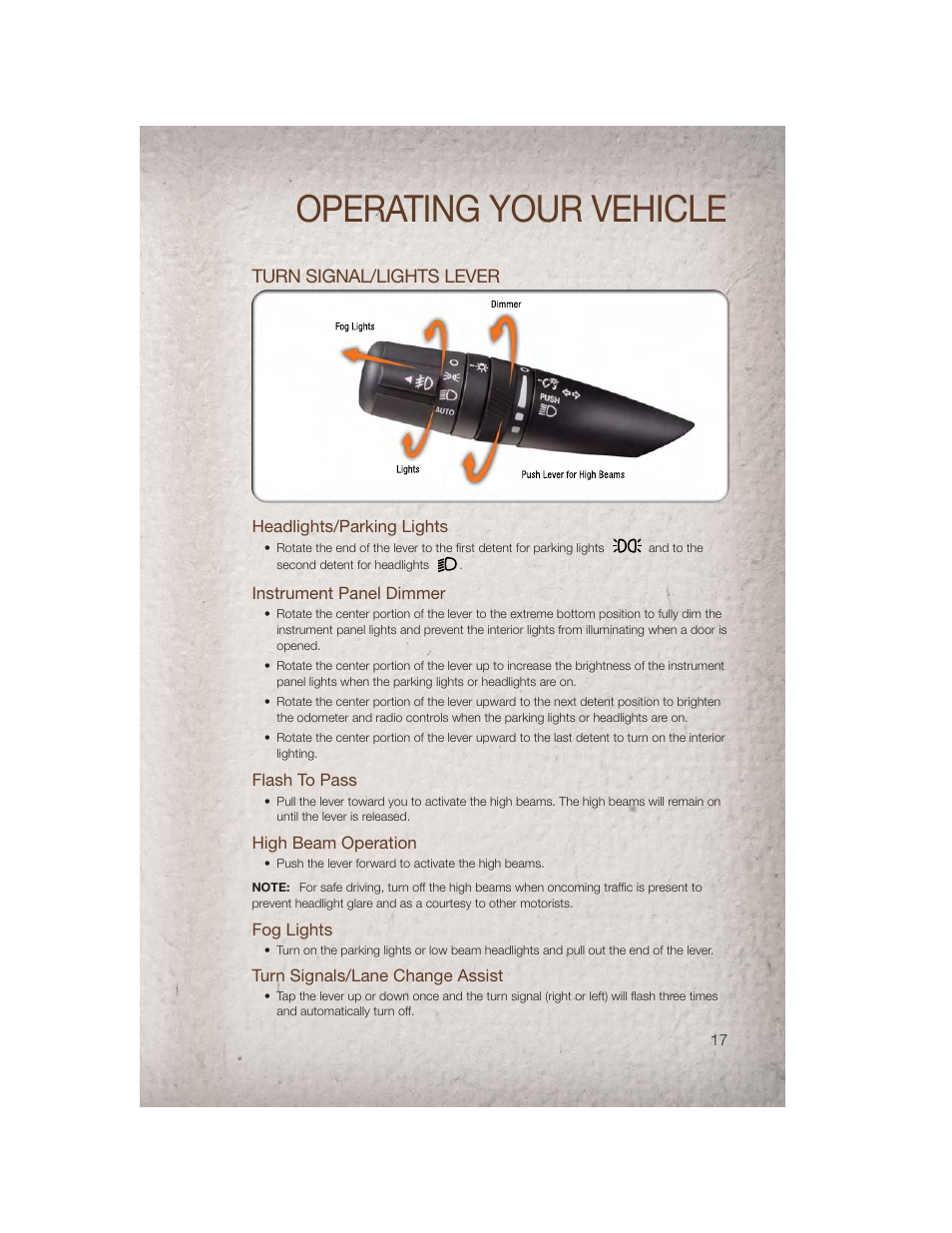 Operating your vehicle, Turn signal/lights lever, Headlights/parking lights | Instrument panel dimmer, Flash to pass, High beam operation, Fog lights, Turn signals/lane change assist | Jeep 2011 Patriot - User Guide User Manual | Page 19 / 80