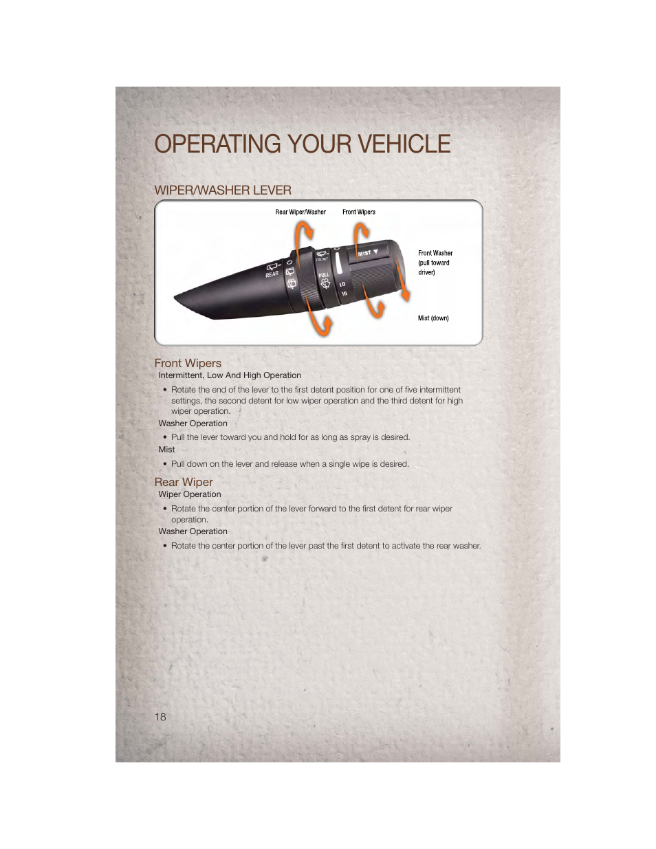 Wiper/washer lever, Front wipers, Rear wiper | Operating your vehicle | Jeep 2011 Patriot - User Guide User Manual | Page 20 / 80