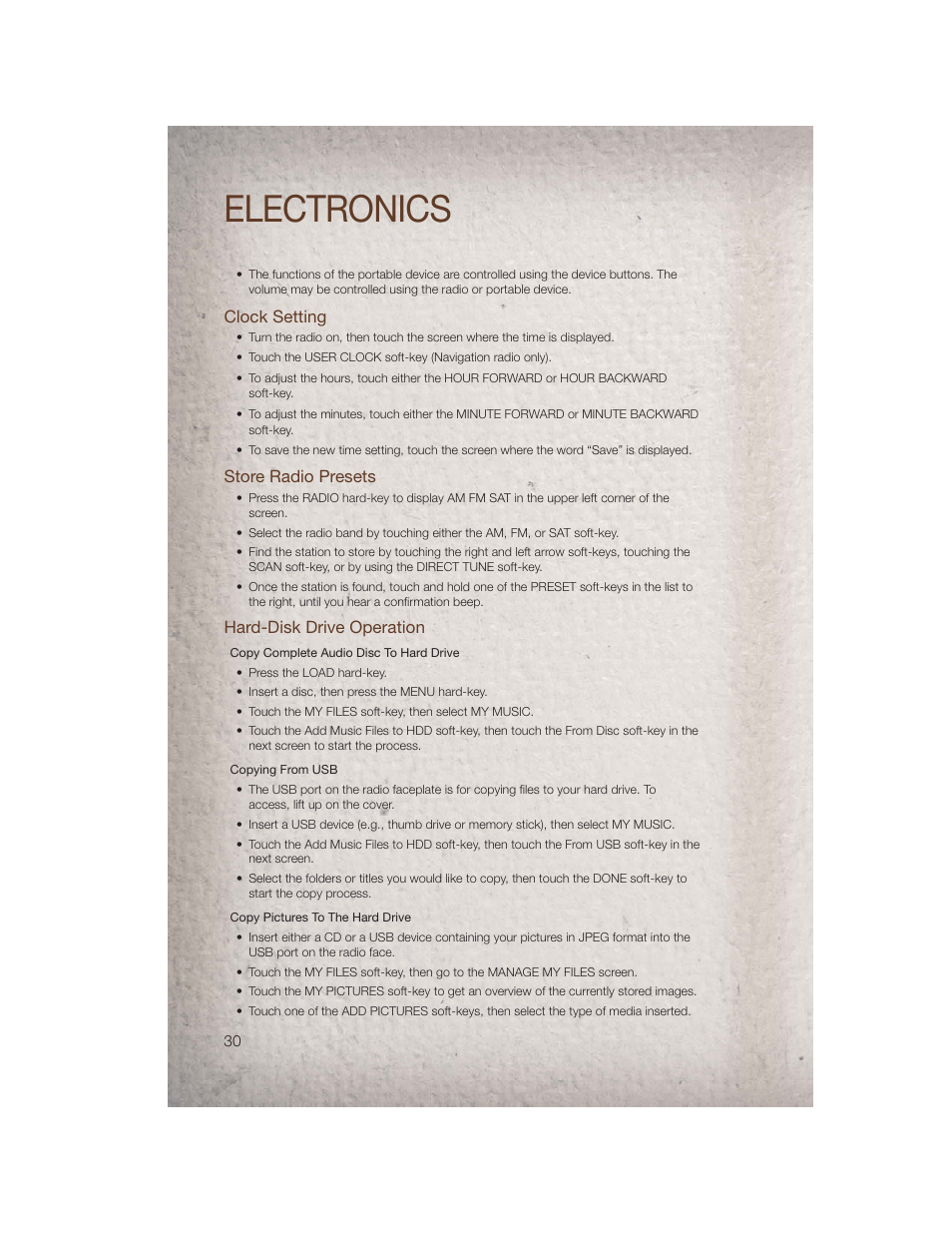 Clock setting, Store radio presets, Hard-disk drive operation | Electronics | Jeep 2011 Patriot - User Guide User Manual | Page 32 / 80