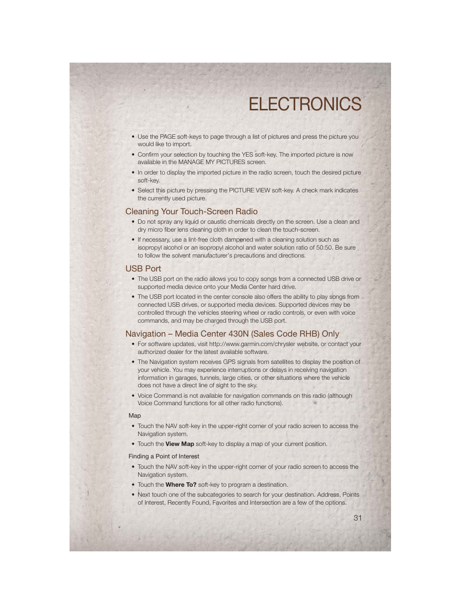 Cleaning your touch-screen radio, Usb port, Electronics | Jeep 2011 Patriot - User Guide User Manual | Page 33 / 80