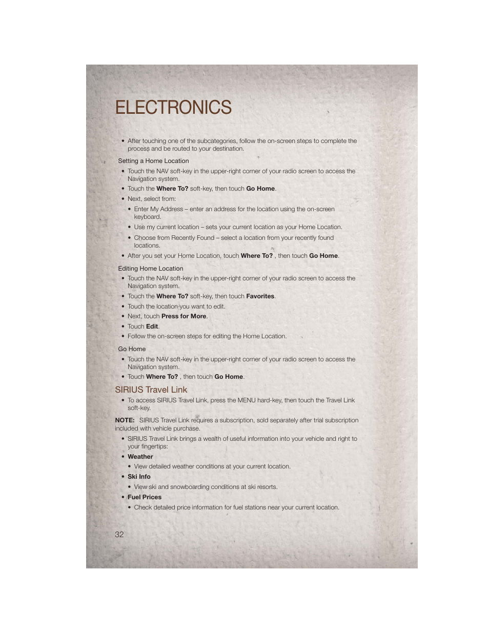 Sirius travel link, Electronics | Jeep 2011 Patriot - User Guide User Manual | Page 34 / 80