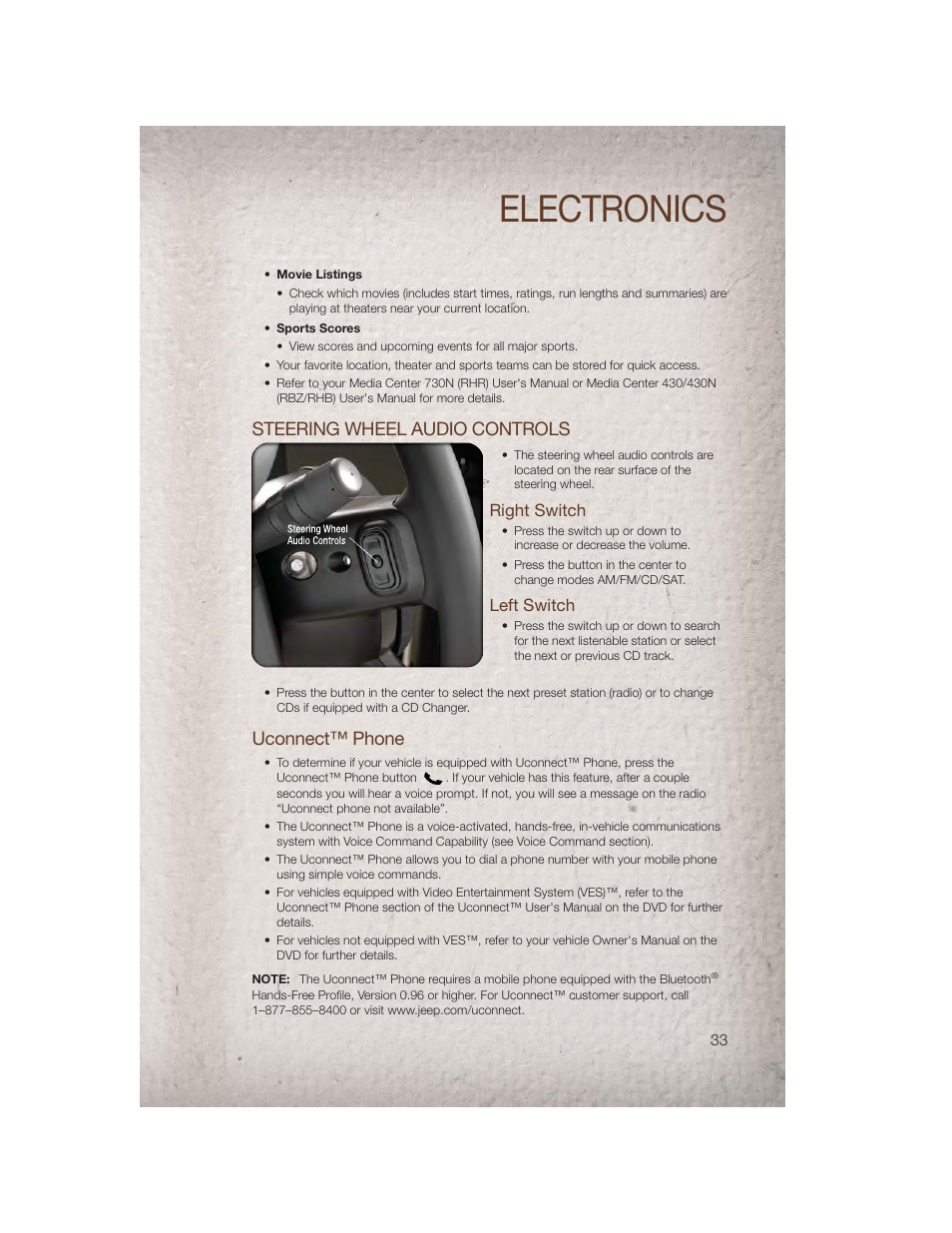 Steering wheel audio controls, Right switch, Left switch | Uconnect™ phone, Electronics | Jeep 2011 Patriot - User Guide User Manual | Page 35 / 80