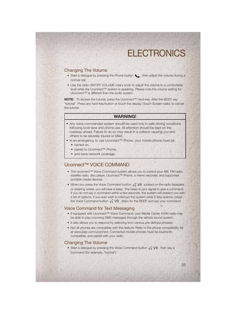 Changing the volume, Uconnect™ voice command, Voice command for text messaging | Electronics | Jeep 2011 Patriot - User Guide User Manual | Page 37 / 80