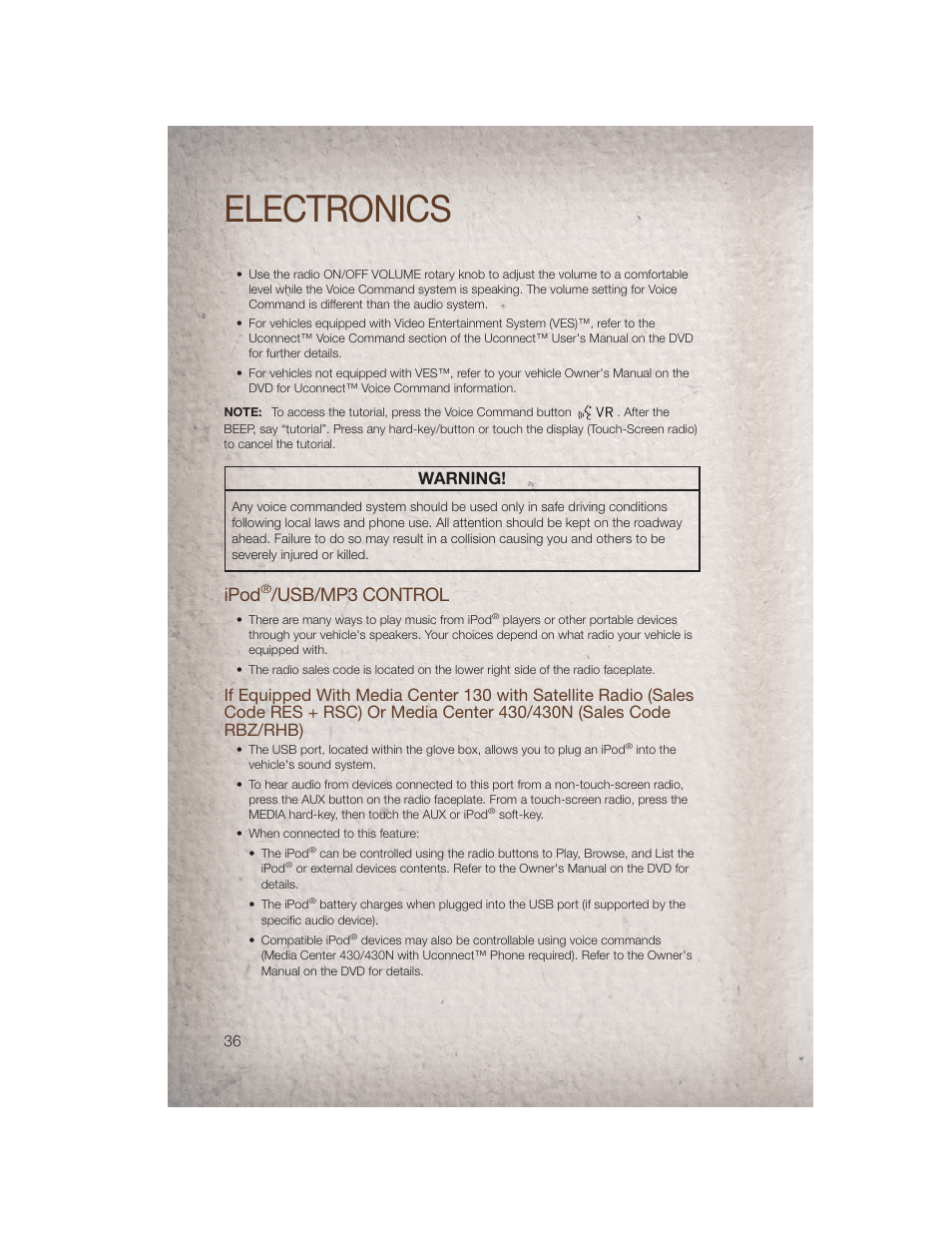 Ipod®/usb/mp3 control, Electronics, Ipod | Usb/mp3 control, Warning | Jeep 2011 Patriot - User Guide User Manual | Page 38 / 80