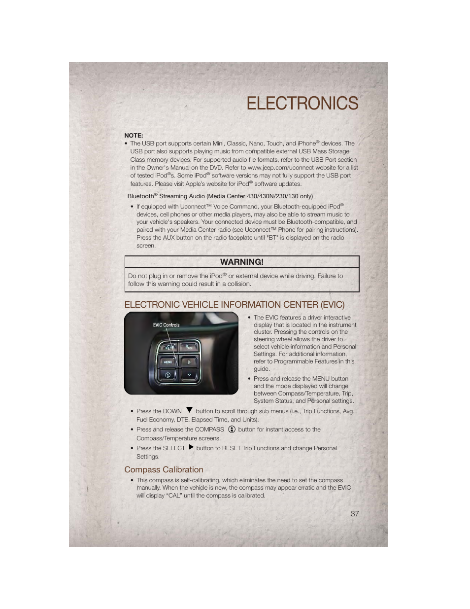 Electronic vehicle information center (evic), Compass calibration, Electronics | Warning | Jeep 2011 Patriot - User Guide User Manual | Page 39 / 80
