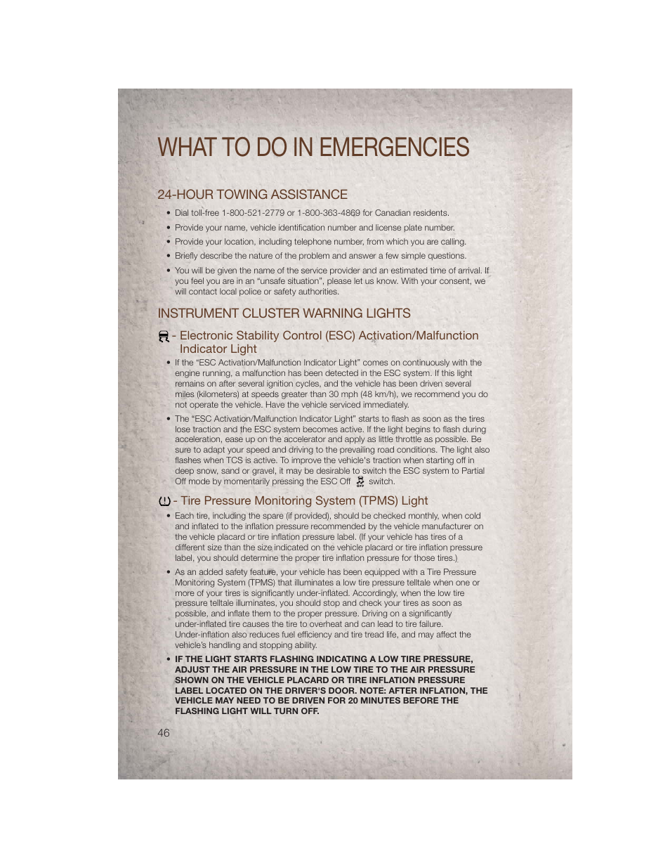 What to do in emergencies, Hour towing assistance, Instrument cluster warning lights | Tire pressure monitoring system (tpms) light | Jeep 2011 Patriot - User Guide User Manual | Page 48 / 80