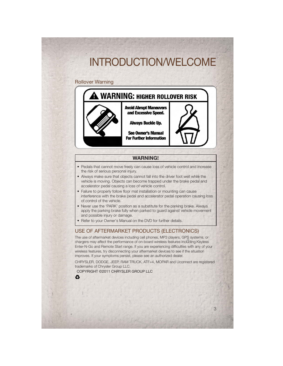 Rollover warning, Use of aftermarket products (electronics), Introduction/welcome | Jeep 2011 Patriot - User Guide User Manual | Page 5 / 80