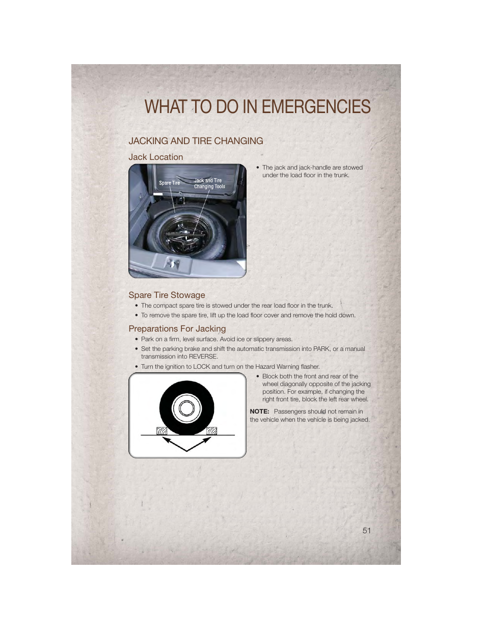 Jacking and tire changing, Jack location, Spare tire stowage | Preparations for jacking, What to do in emergencies | Jeep 2011 Patriot - User Guide User Manual | Page 53 / 80