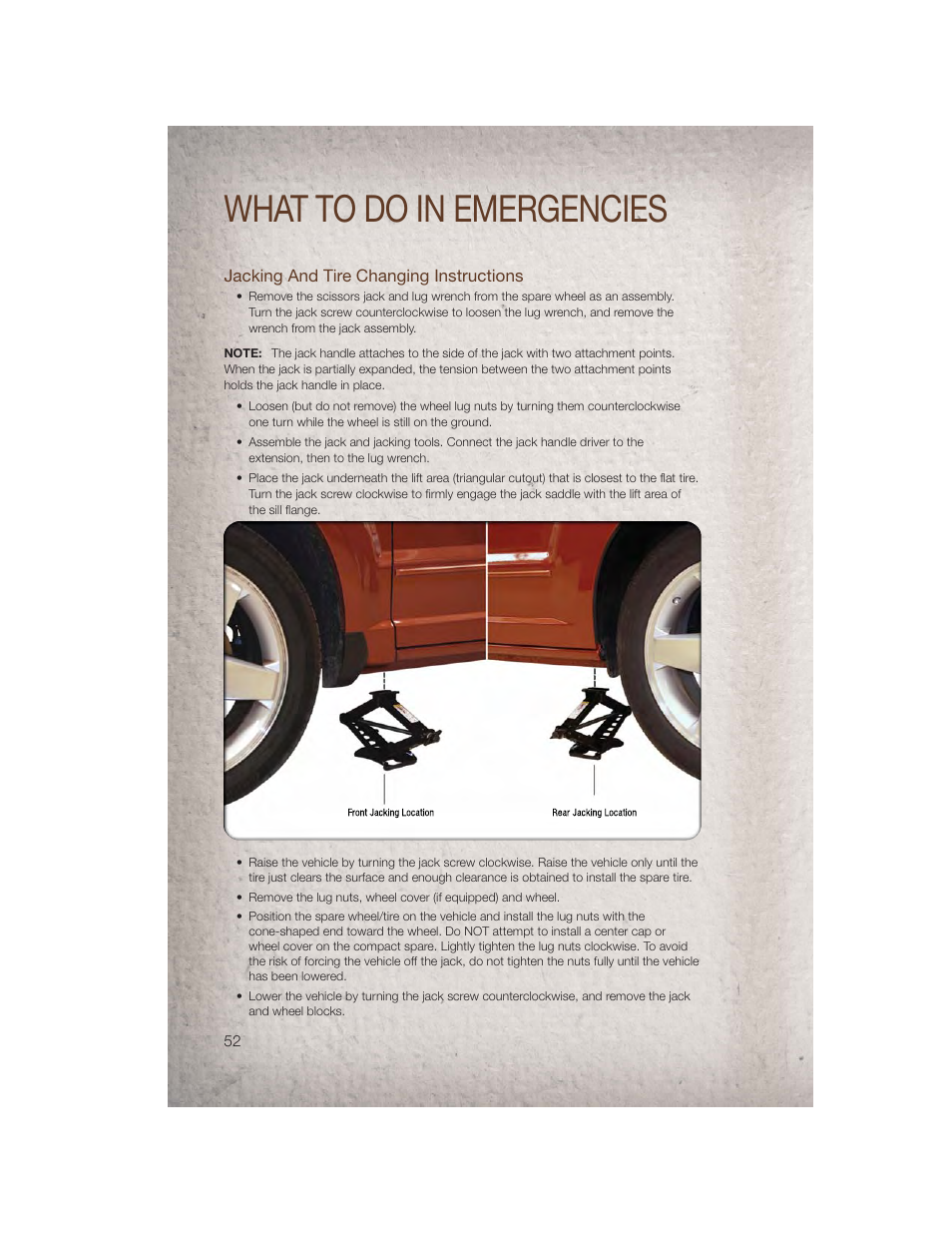 Jacking and tire changing instructions, What to do in emergencies | Jeep 2011 Patriot - User Guide User Manual | Page 54 / 80