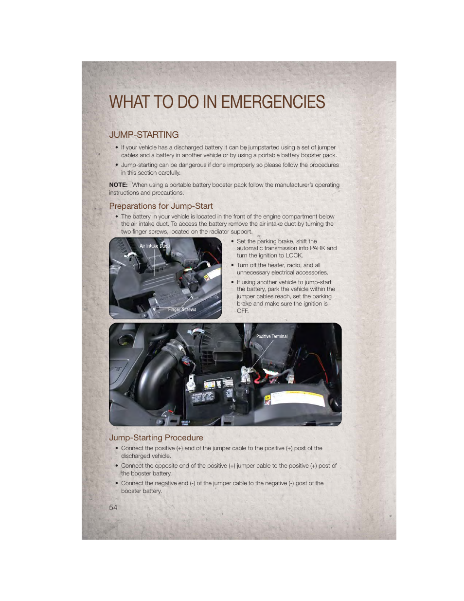 Jump-starting, Preparations for jump-start, Jump-starting procedure | What to do in emergencies | Jeep 2011 Patriot - User Guide User Manual | Page 56 / 80