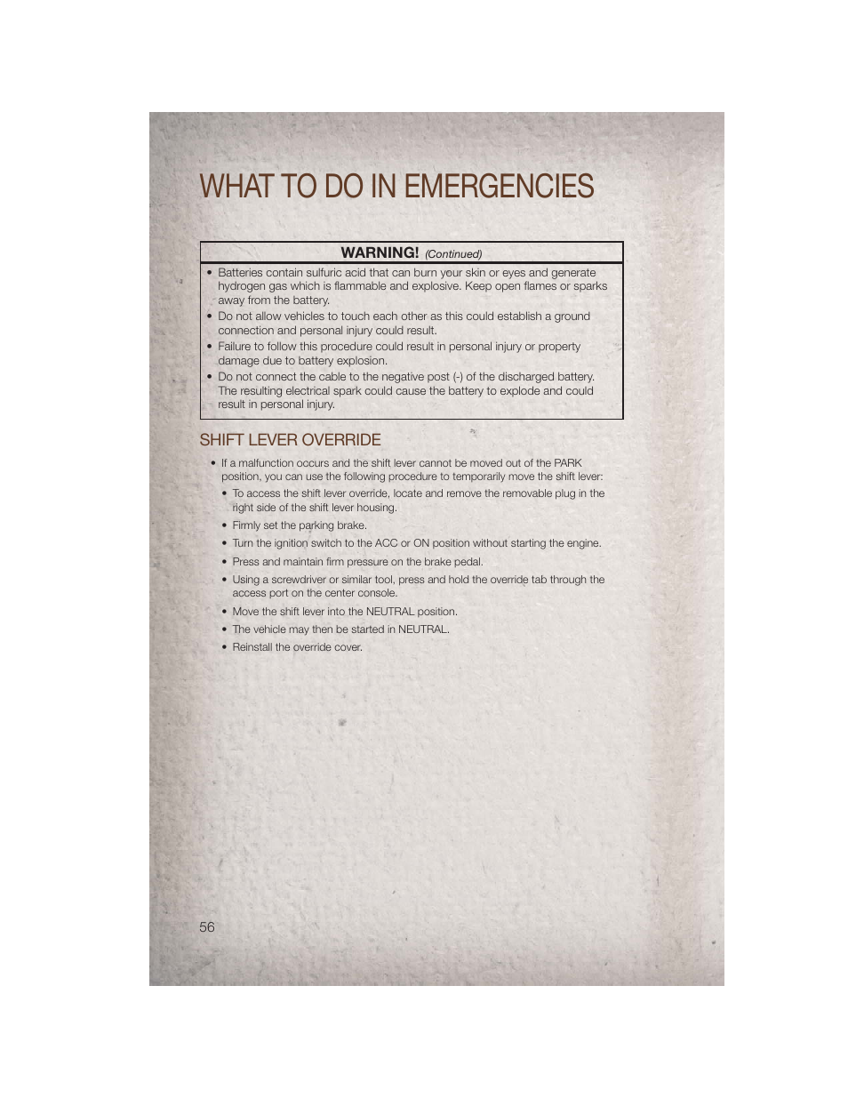 Shift lever override, Towing a disabled vehicle, What to do in emergencies | Jeep 2011 Patriot - User Guide User Manual | Page 58 / 80