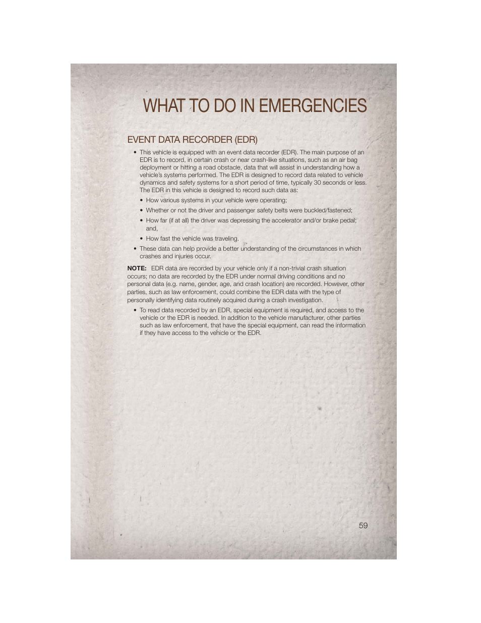 Event data recorder (edr), What to do in emergencies | Jeep 2011 Patriot - User Guide User Manual | Page 61 / 80