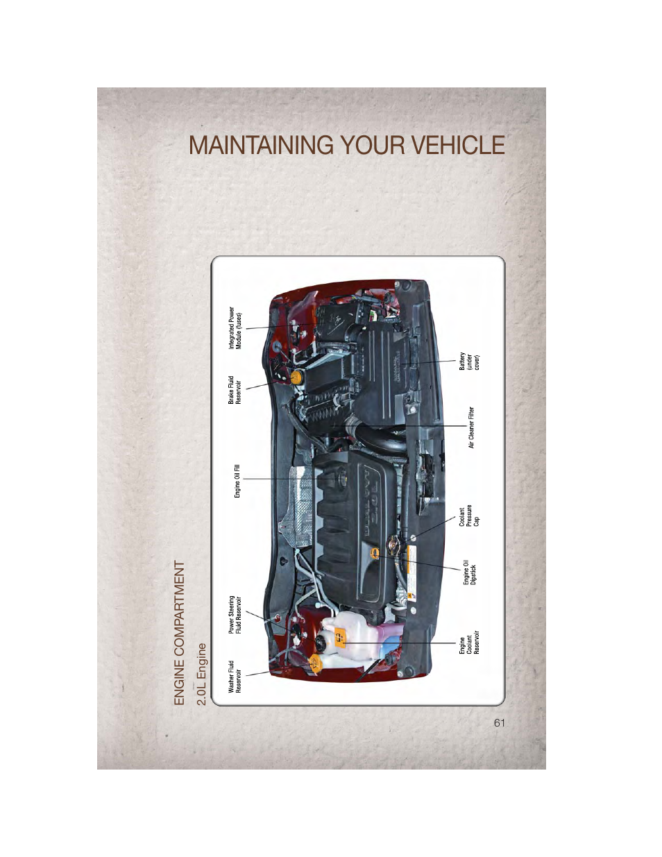 Engine compartment, 0l engine, Maintaining your vehicle | Jeep 2011 Patriot - User Guide User Manual | Page 63 / 80