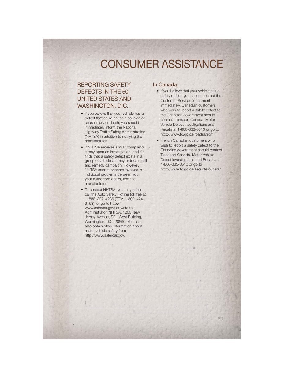 In canada, Consumer assistance | Jeep 2011 Patriot - User Guide User Manual | Page 73 / 80