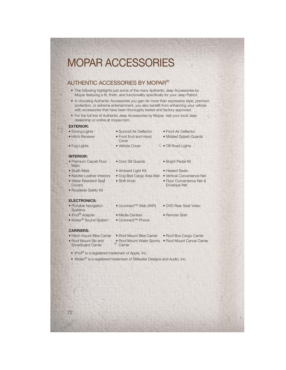 Mopar accessories, Authentic accessories by mopar | Jeep 2011 Patriot - User Guide User Manual | Page 74 / 80