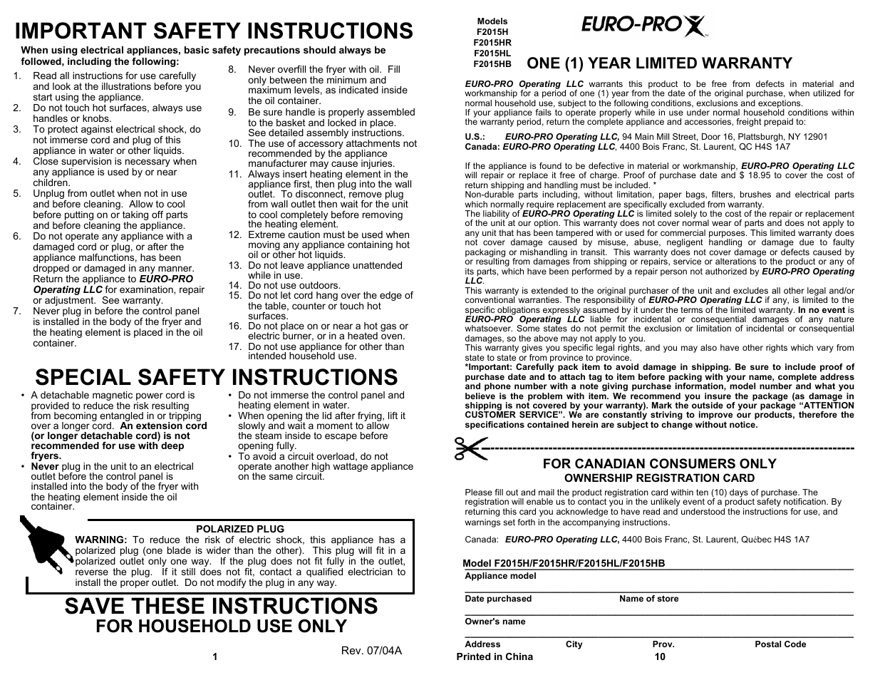 Important safety instructions, Special safety instructions, Save these instructions | For household use only, One (1) year limited warranty, For canadian consumers only | Bravetti COOL TOUCH DEEP FRYER F2015HL User Manual | Page 2 / 6