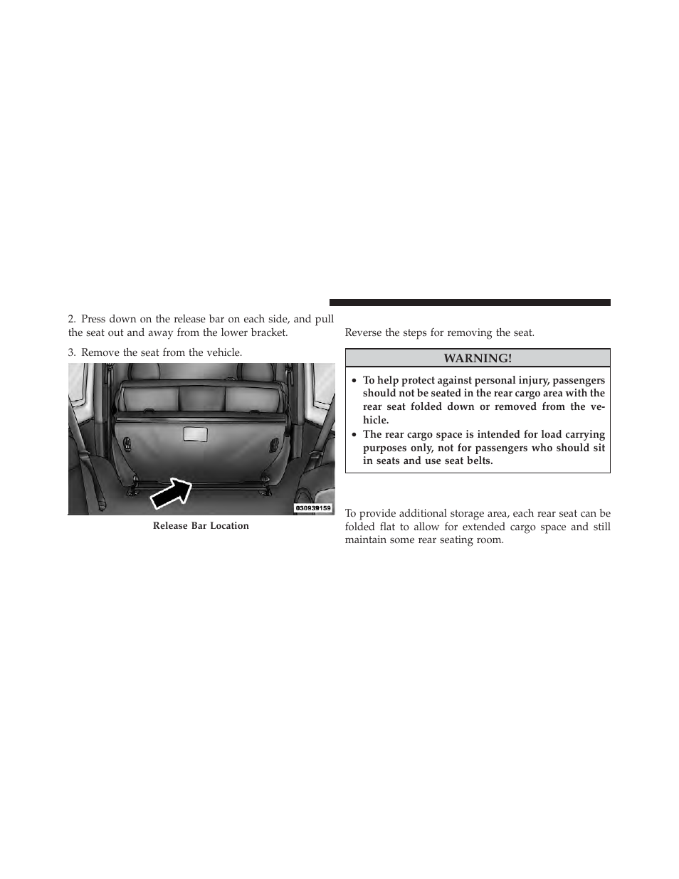 Replacing the rear seat — two-door models, 60/40 split folding rear seat — four-door models, Replacing the rear seat | Two-door models, 60/40 split folding rear seat, Four-door models | Jeep 2011 Wrangler - Owner Manual User Manual | Page 148 / 603