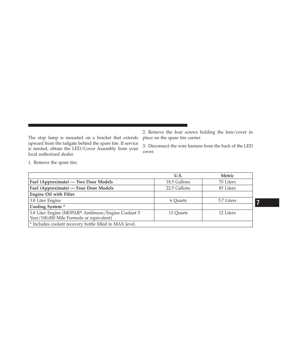 Center high-mounted stop lamp (chmsl), Fluid capacities, Center high-mounted stop lamp | Chmsl) | Jeep 2011 Wrangler - Owner Manual User Manual | Page 551 / 603