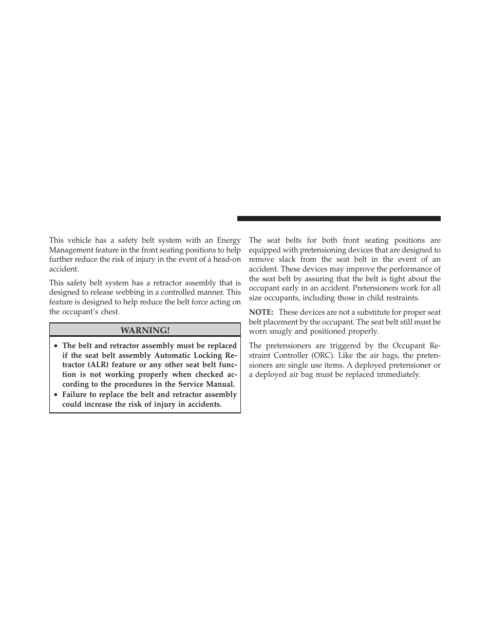 Energy management feature, Seat belt pretensioners | Jeep 2011 Wrangler - Owner Manual User Manual | Page 58 / 603