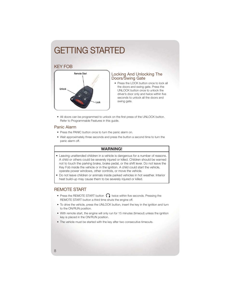 Getting started, Key fob, Locking and unlocking the doors/swing gate | Panic alarm, Remote start | Jeep 2011 Wrangler - User Guide User Manual | Page 10 / 88