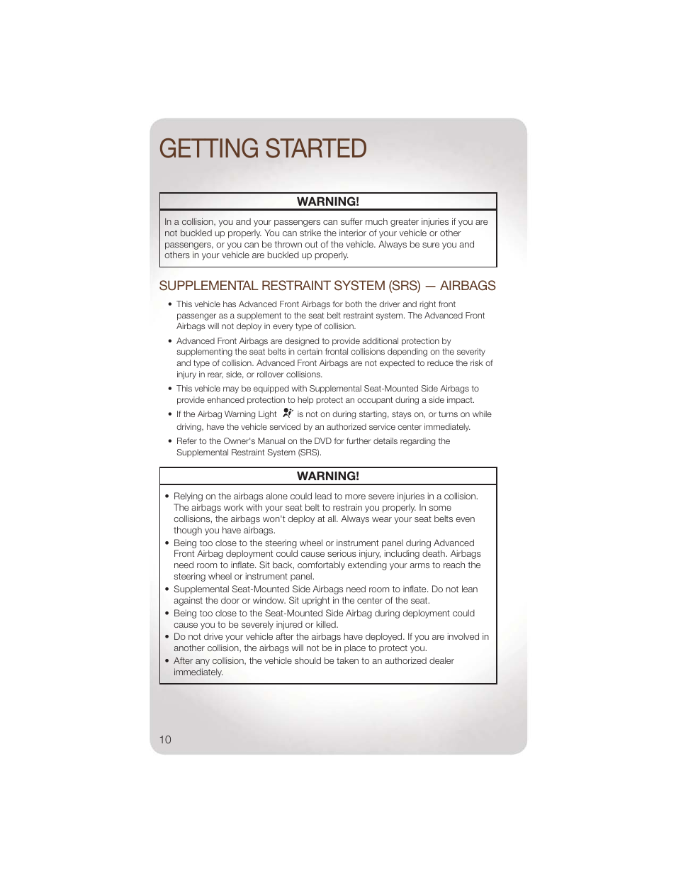 Supplemental restraint system (srs) — airbags, Getting started | Jeep 2011 Wrangler - User Guide User Manual | Page 12 / 88