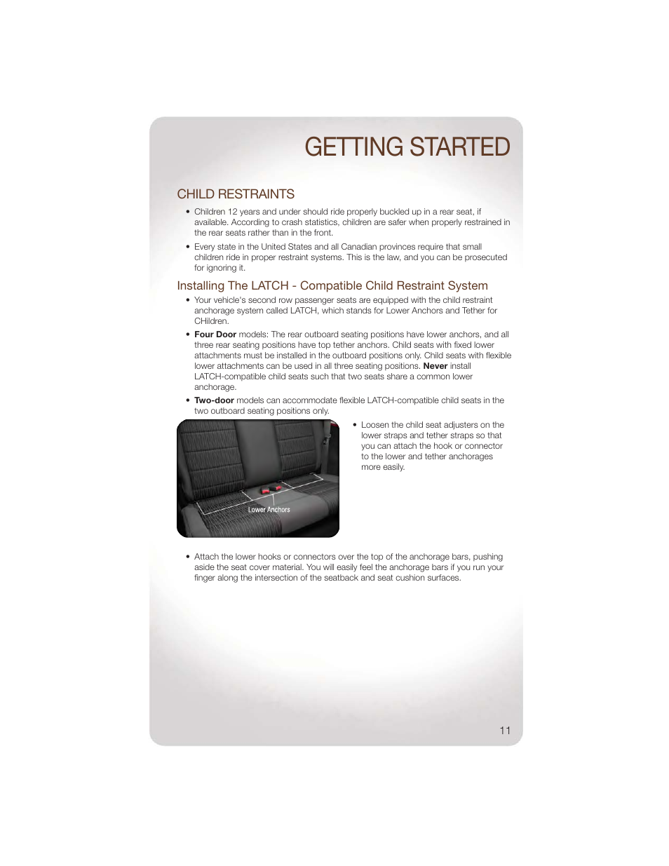 Child restraints, Getting started | Jeep 2011 Wrangler - User Guide User Manual | Page 13 / 88