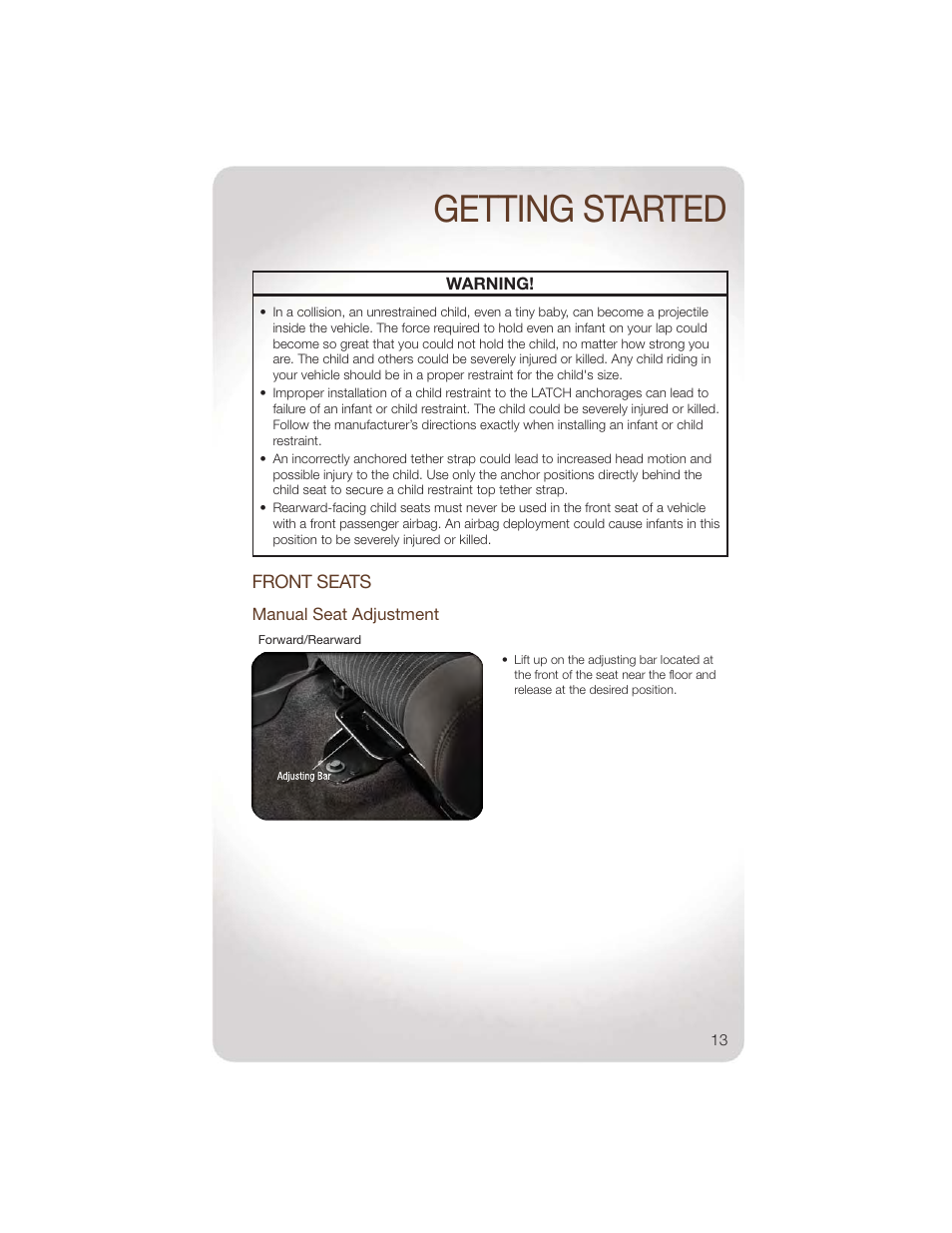 Front seats, Manual seat adjustment, Getting started | Jeep 2011 Wrangler - User Guide User Manual | Page 15 / 88