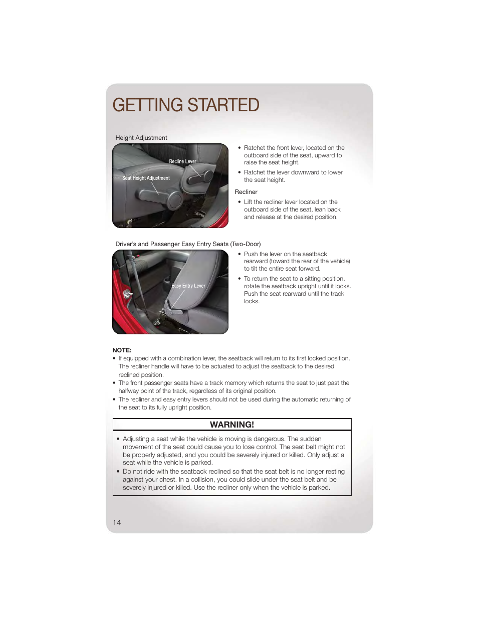 Getting started, Warning | Jeep 2011 Wrangler - User Guide User Manual | Page 16 / 88