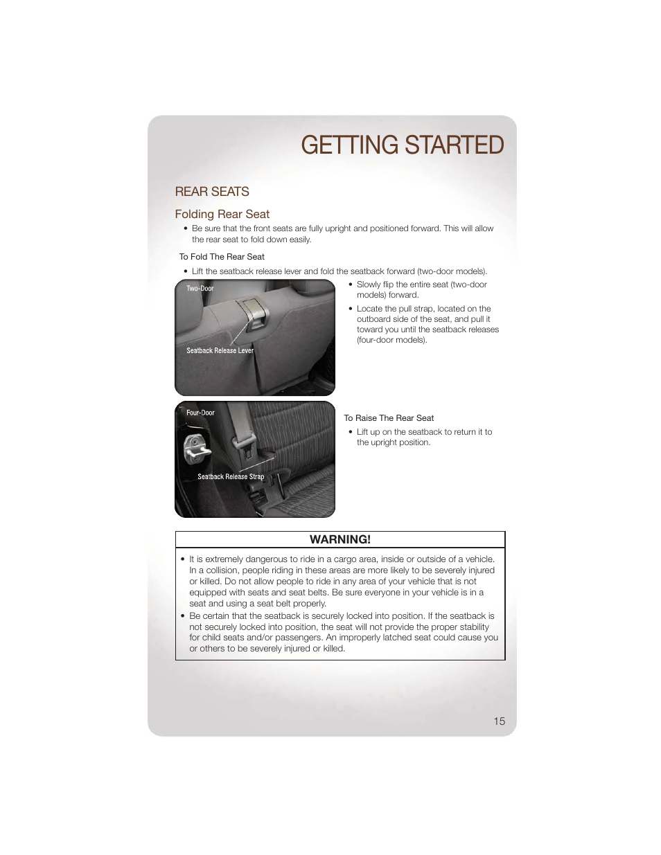 Rear seats, Folding rear seat, Getting started | Jeep 2011 Wrangler - User Guide User Manual | Page 17 / 88