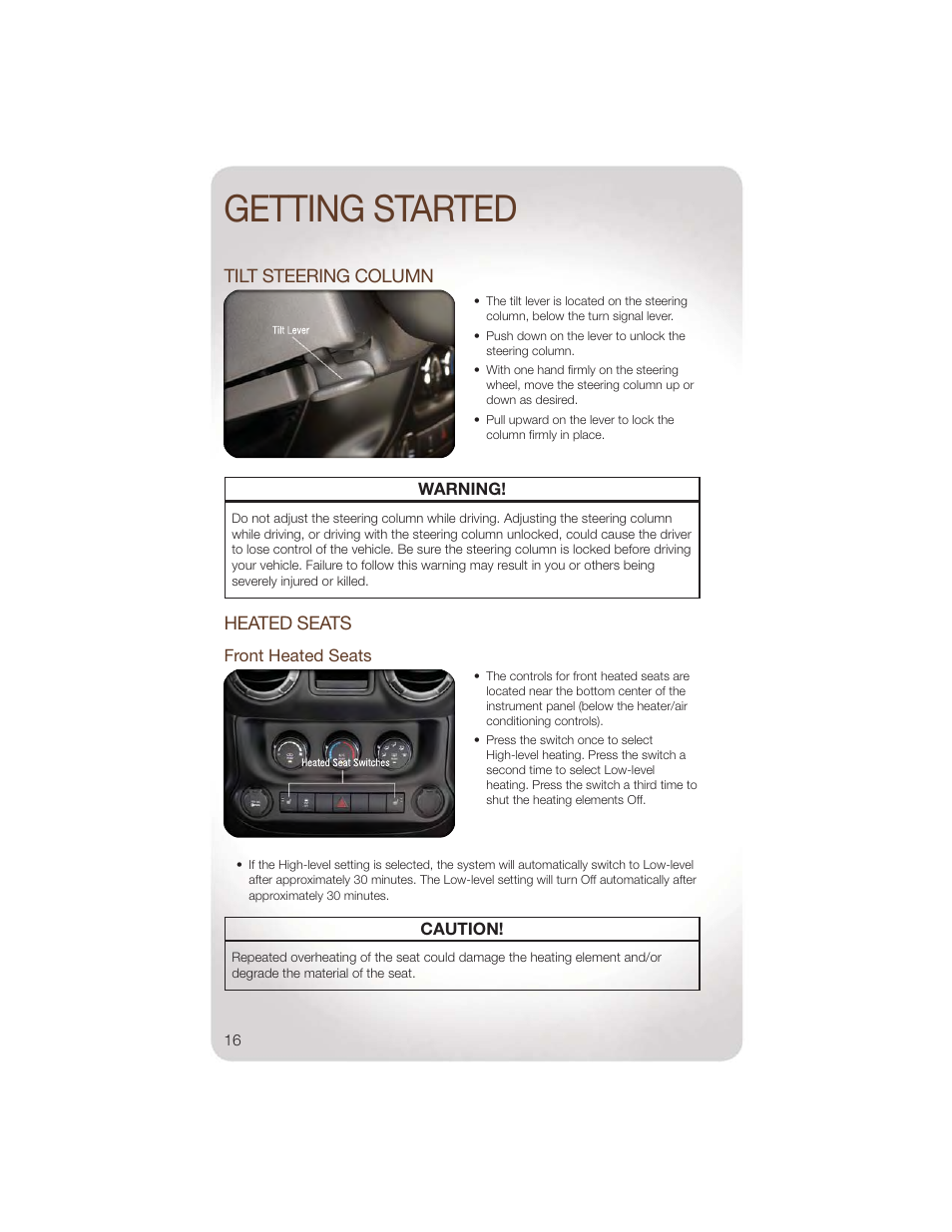 Tilt steering column, Heated seats, Front heated seats | Getting started | Jeep 2011 Wrangler - User Guide User Manual | Page 18 / 88