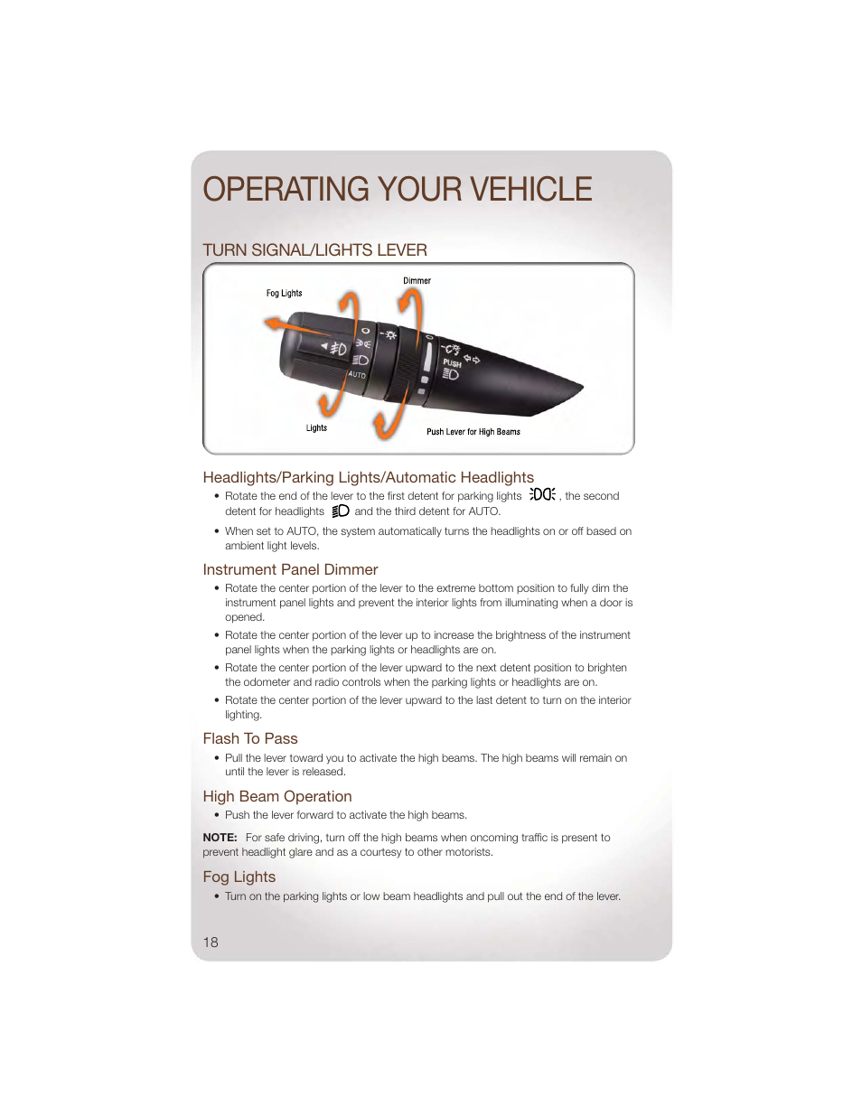 Operating your vehicle, Turn signal/lights lever, Headlights/parking lights/automatic headlights | Instrument panel dimmer, Flash to pass, High beam operation, Fog lights | Jeep 2011 Wrangler - User Guide User Manual | Page 20 / 88