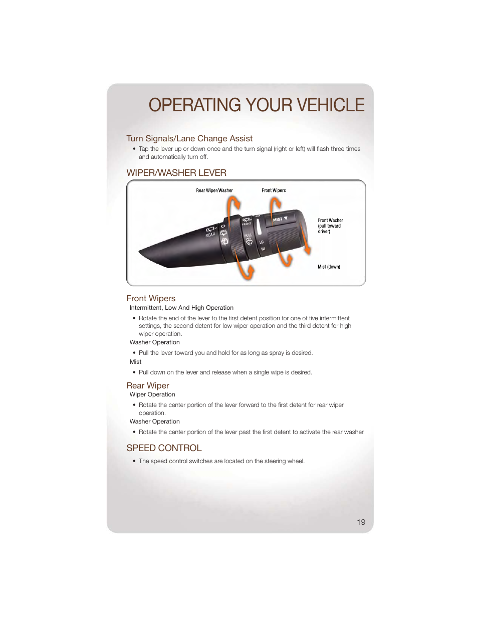 Turn signals/lane change assist, Wiper/washer lever, Front wipers | Rear wiper, Speed control, Operating your vehicle | Jeep 2011 Wrangler - User Guide User Manual | Page 21 / 88