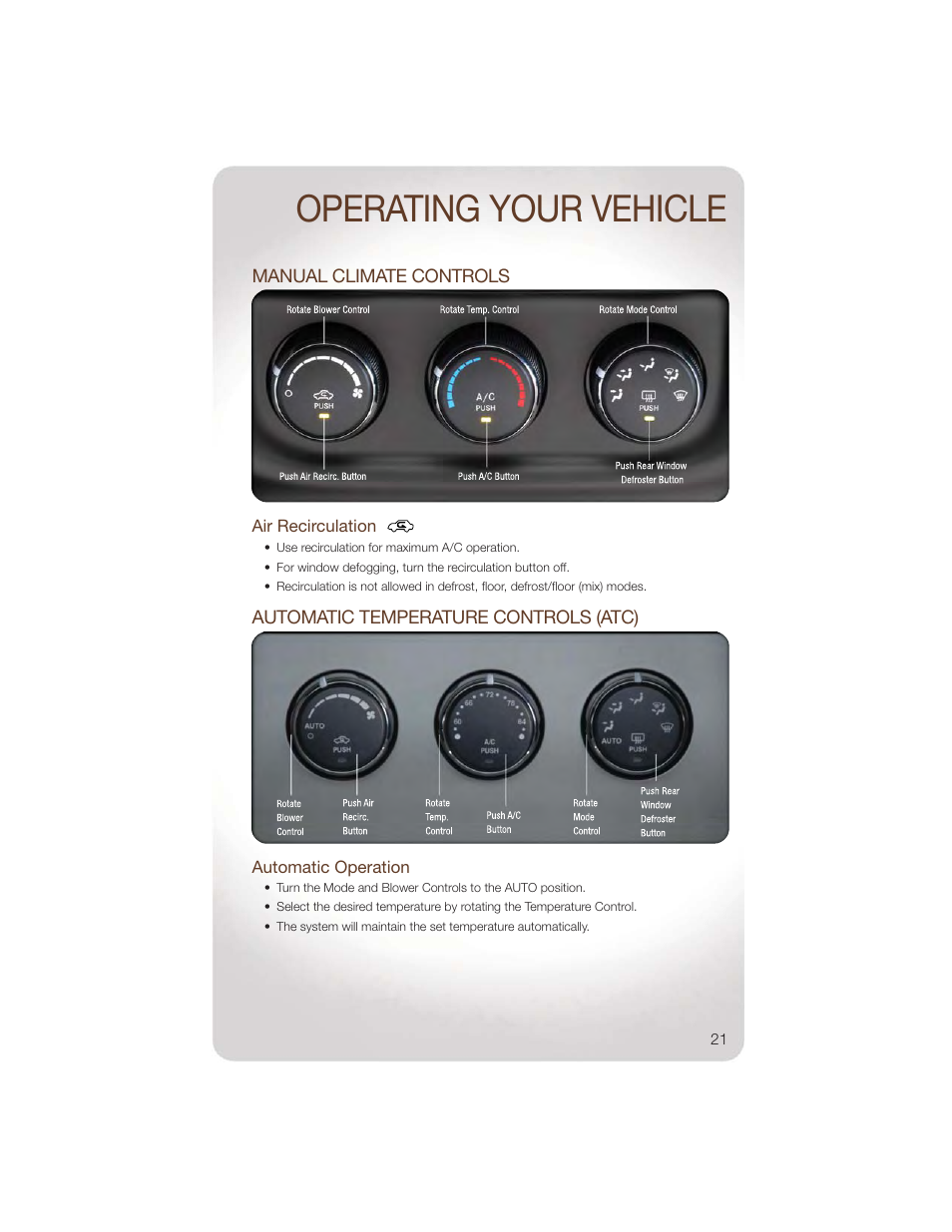 Manual climate controls, Air recirculation, Automatic temperature controls (atc) | Automatic operation, Operating your vehicle | Jeep 2011 Wrangler - User Guide User Manual | Page 23 / 88