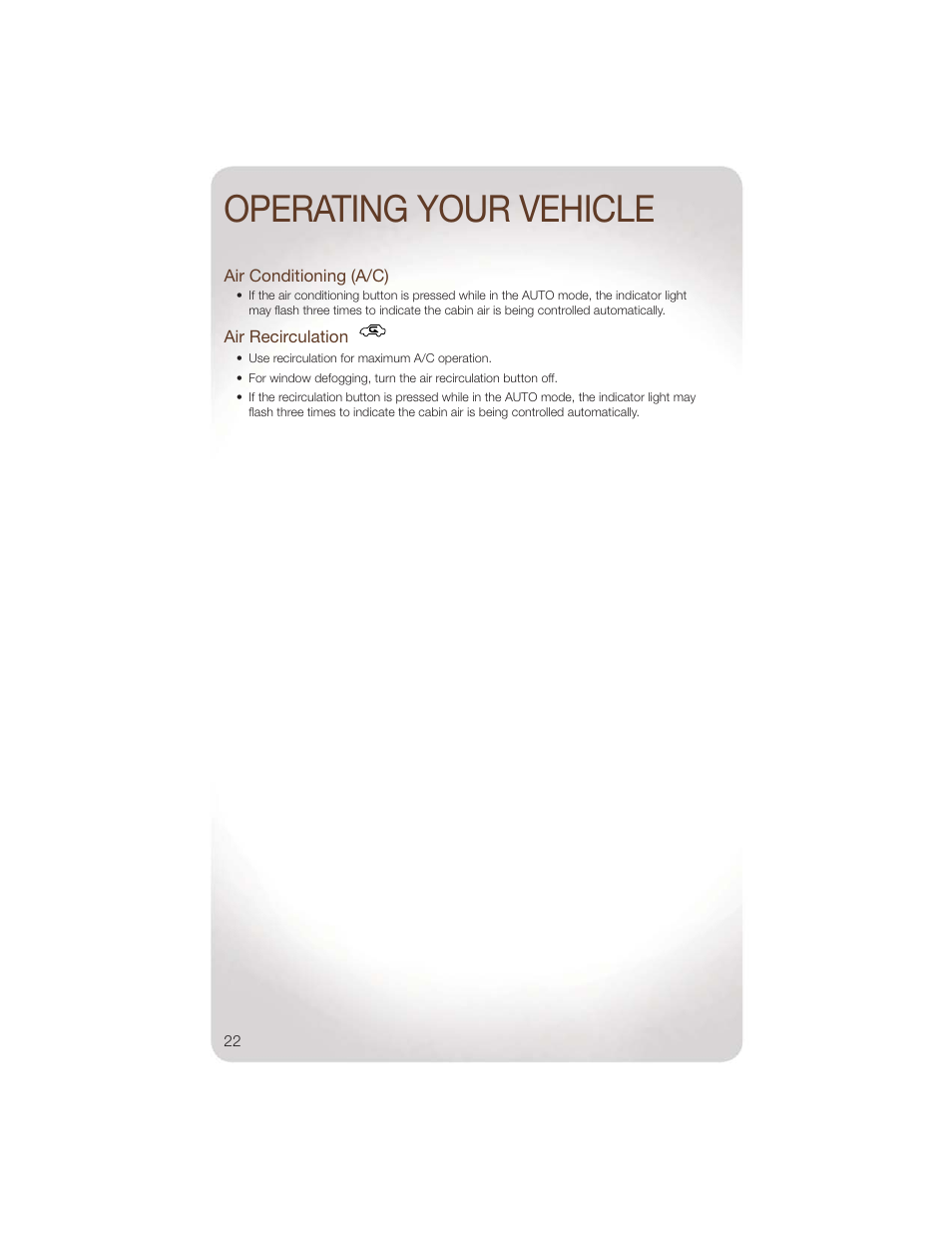 Air conditioning (a/c), Air recirculation, Operating your vehicle | Jeep 2011 Wrangler - User Guide User Manual | Page 24 / 88