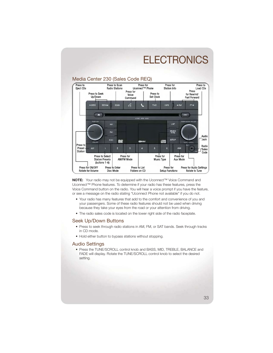 Media center 230 (sales code req), Seek up/down buttons, Audio settings | Electronics | Jeep 2011 Wrangler - User Guide User Manual | Page 35 / 88