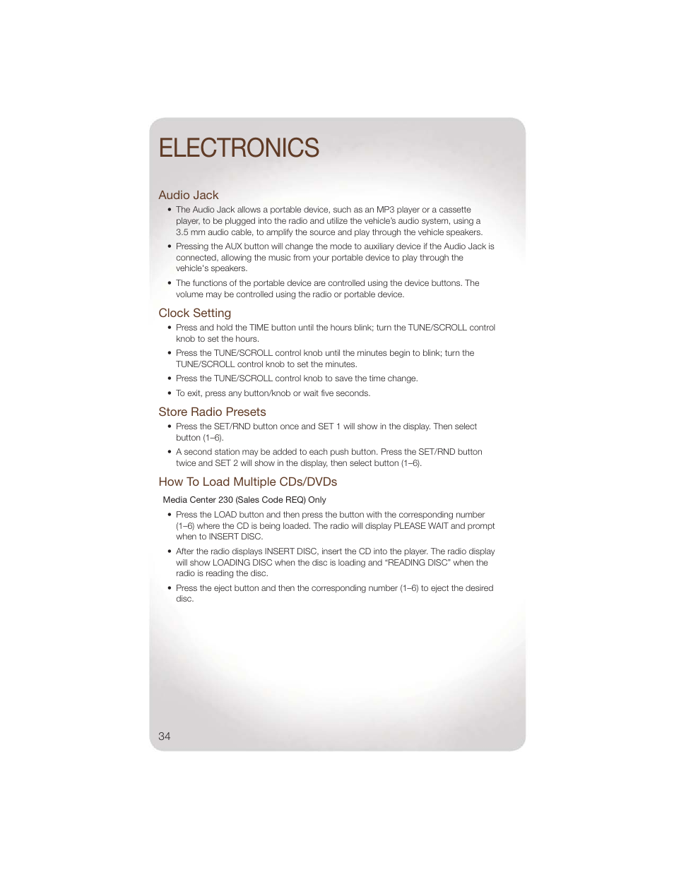 Audio jack, Clock setting, Store radio presets | How to load multiple cds/dvds, Electronics | Jeep 2011 Wrangler - User Guide User Manual | Page 36 / 88