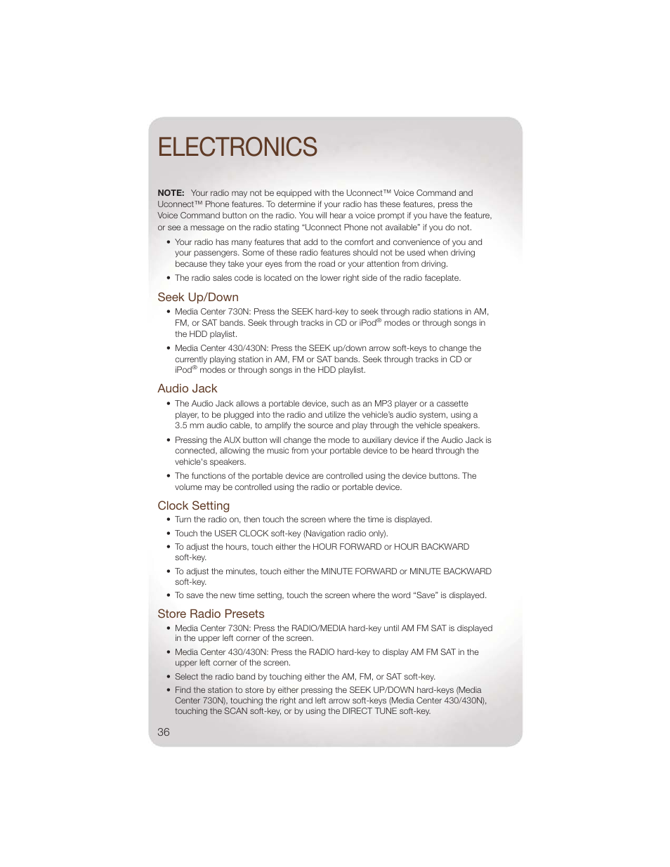 Seek up/down, Audio jack, Clock setting | Store radio presets, Electronics | Jeep 2011 Wrangler - User Guide User Manual | Page 38 / 88