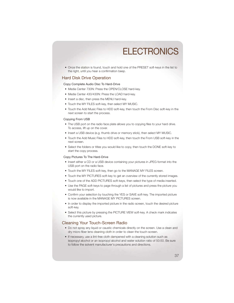 Hard disk drive operation, Cleaning your touch-screen radio, Electronics | Jeep 2011 Wrangler - User Guide User Manual | Page 39 / 88