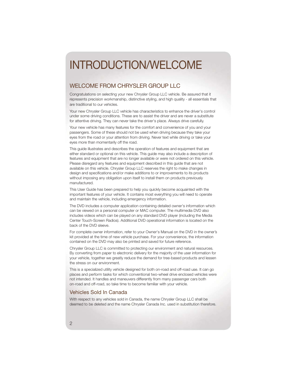 Introduction/welcome, Welcome from chrysler group llc, Vehicles sold in canada | Jeep 2011 Wrangler - User Guide User Manual | Page 4 / 88