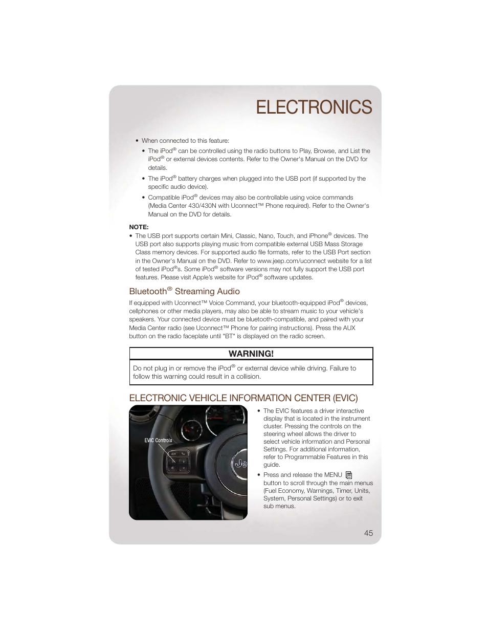 Bluetooth® streaming audio, Electronic vehicle information center (evic), Electronics | Bluetooth, Streaming audio, Warning | Jeep 2011 Wrangler - User Guide User Manual | Page 47 / 88