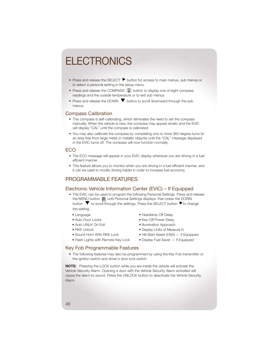 Compass calibration, Programmable features, Key fob programmable features | Electronics | Jeep 2011 Wrangler - User Guide User Manual | Page 48 / 88