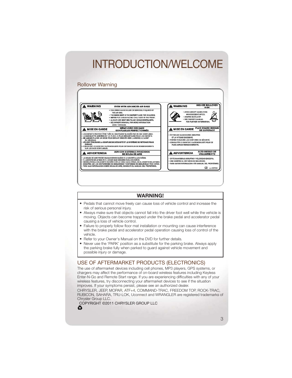 Rollover warning, Use of aftermarket products (electronics), Introduction/welcome | Jeep 2011 Wrangler - User Guide User Manual | Page 5 / 88