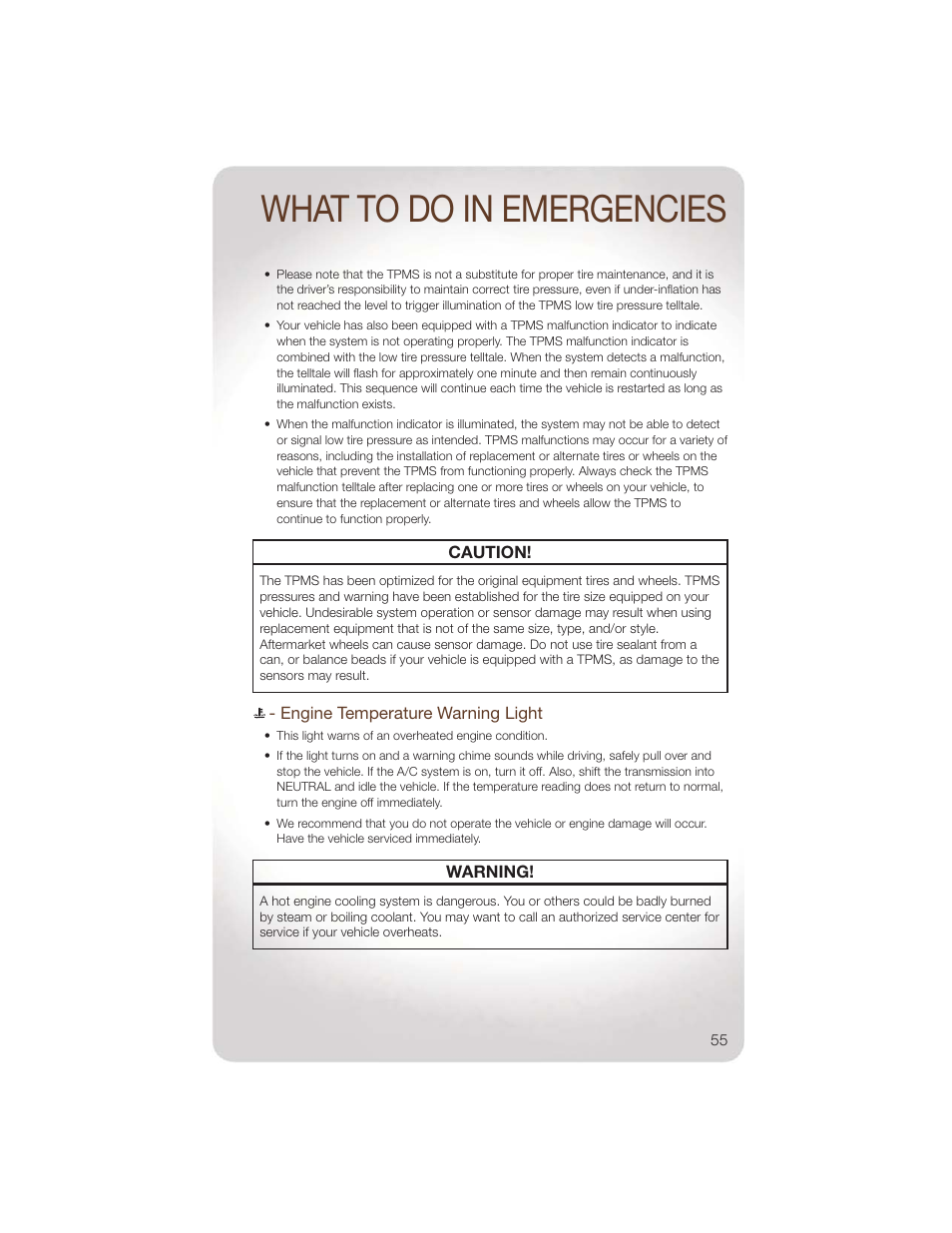 Engine temperature warning light, What to do in emergencies | Jeep 2011 Wrangler - User Guide User Manual | Page 57 / 88