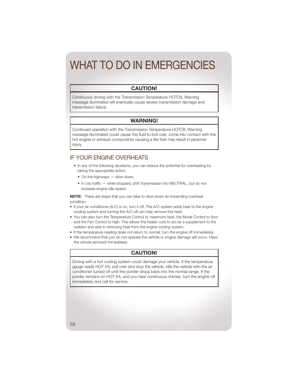 If your engine overheats, What to do in emergencies | Jeep 2011 Wrangler - User Guide User Manual | Page 60 / 88